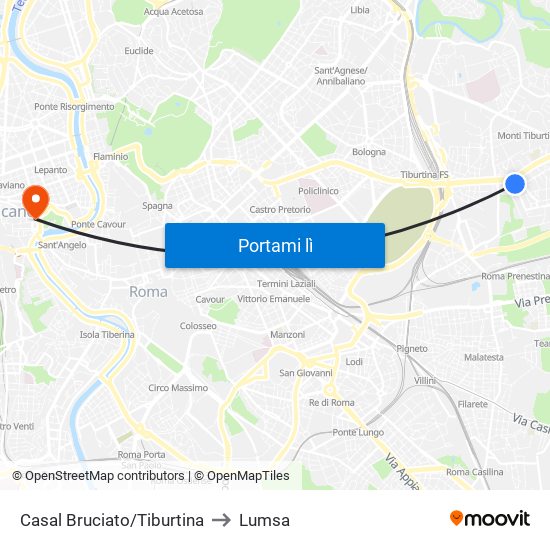 Casal Bruciato/Tiburtina to Lumsa map