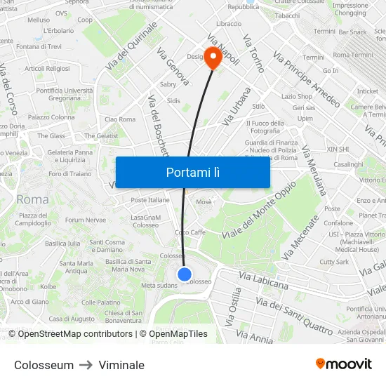 Colosseum to Viminale map