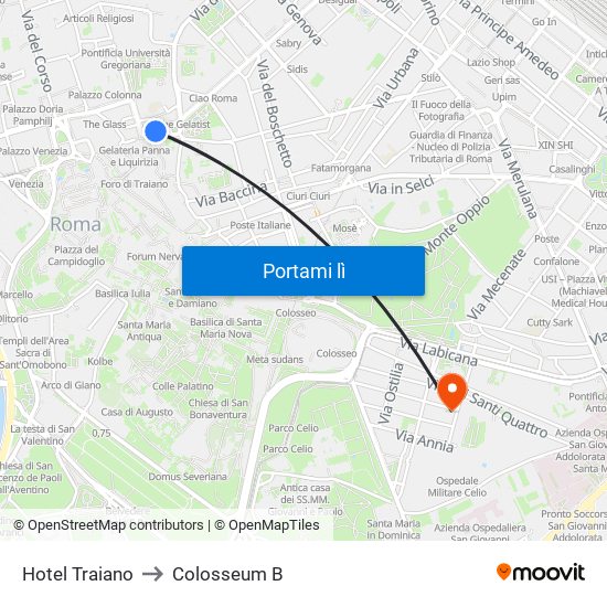 Hotel Traiano to Colosseum B map