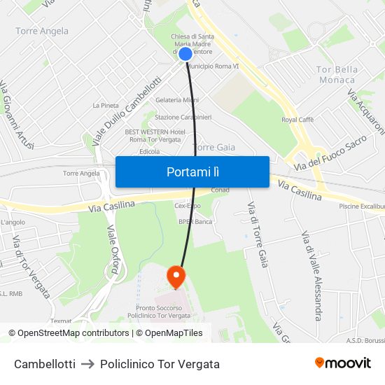 Cambellotti to Policlinico Tor Vergata map
