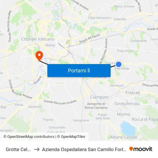 Grotte Celoni to Azienda Ospedaliera San Camillo Forlanini map