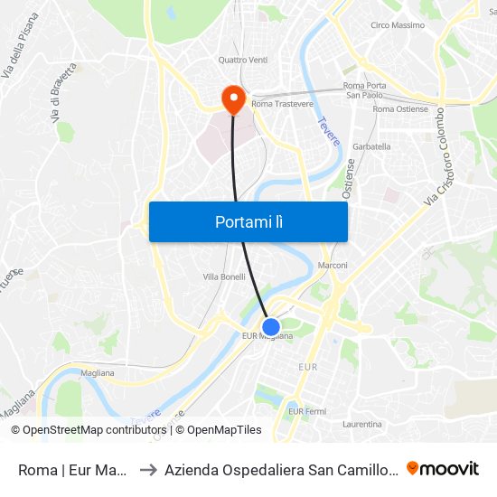Roma | Eur Magliana to Azienda Ospedaliera San Camillo Forlanini map
