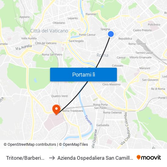 Tritone/Barberini (Ma) to Azienda Ospedaliera San Camillo Forlanini map