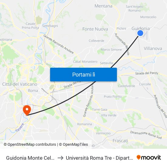 Guidonia Monte Celio - Sant'Angelo to Università Roma Tre - Dipartimento Di Ingegneria map