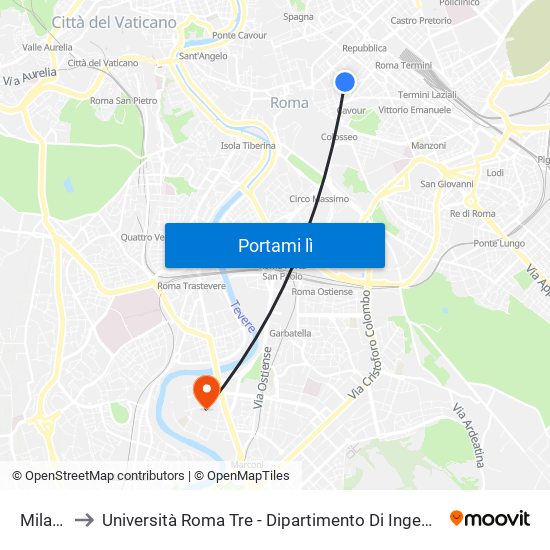 Milano to Università Roma Tre - Dipartimento Di Ingegneria map