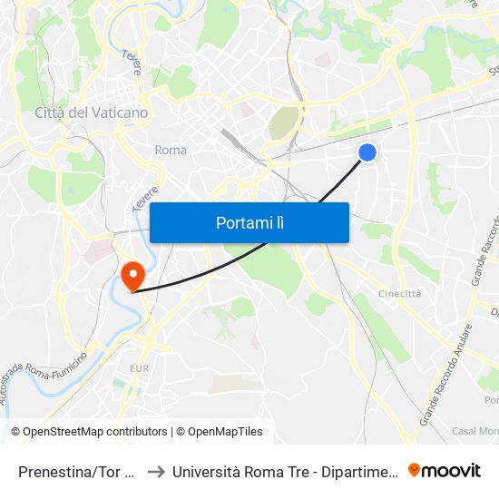 Prenestina/Tor De' Schiavi to Università Roma Tre - Dipartimento Di Ingegneria map