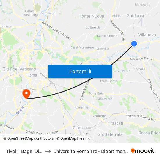 Tivoli | Bagni Di Tivoli FS to Università Roma Tre - Dipartimento Di Ingegneria map