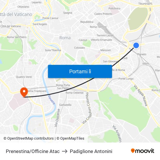 Prenestina/Officine Atac to Padiglione Antonini map