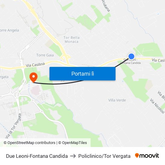 Due Leoni-Fontana Candida to Policlinico/Tor Vergata map