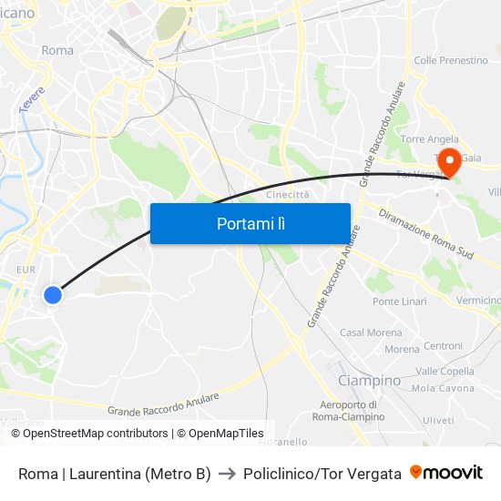 Roma | Laurentina (Metro B) to Policlinico/Tor Vergata map