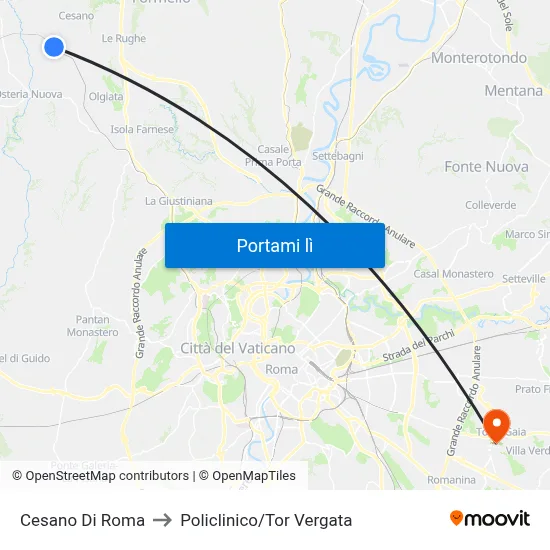 Cesano Di Roma to Policlinico/Tor Vergata map