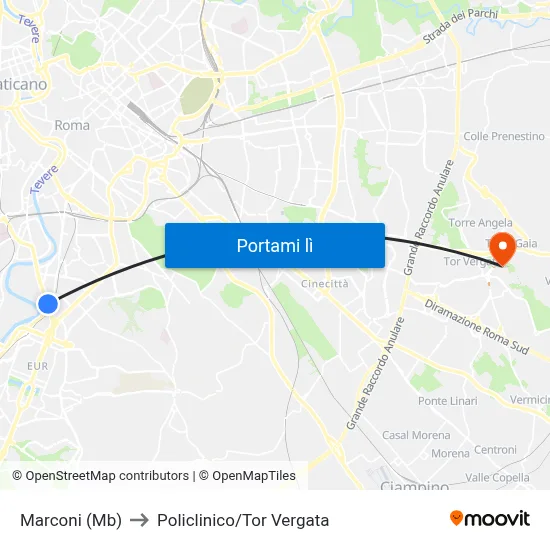 Marconi (Mb) to Policlinico/Tor Vergata map