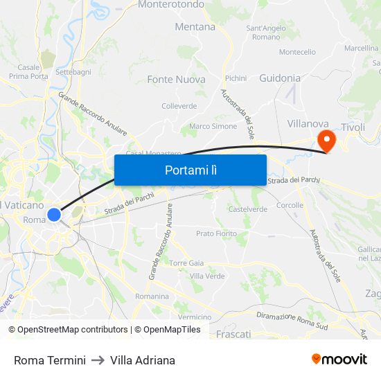 Roma Termini to Villa Adriana map