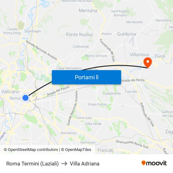 Roma Termini (Laziali) to Villa Adriana map