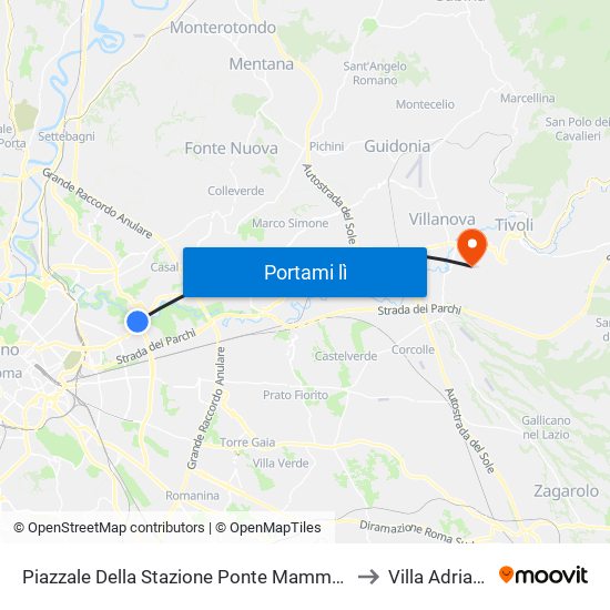 Piazzale Della Stazione Ponte Mammolo to Villa Adriana map