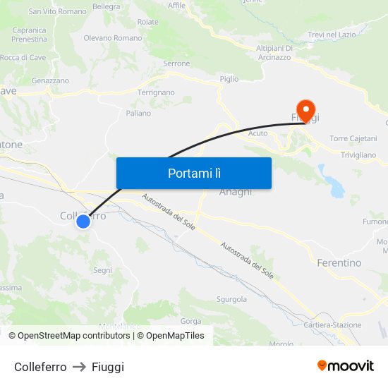 Colleferro to Fiuggi map