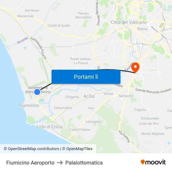 Fiumicino Aeroporto to Palalottomatica map