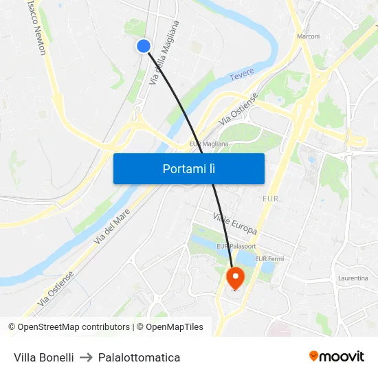 Villa Bonelli to Palalottomatica map