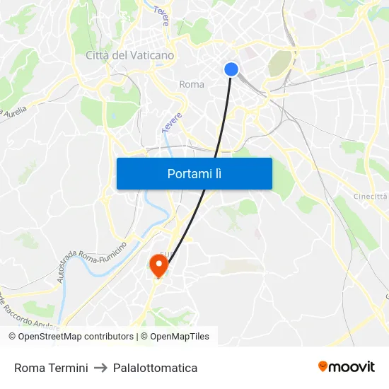 Roma Termini to Palalottomatica map