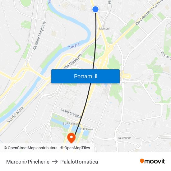 Marconi/Pincherle to Palalottomatica map