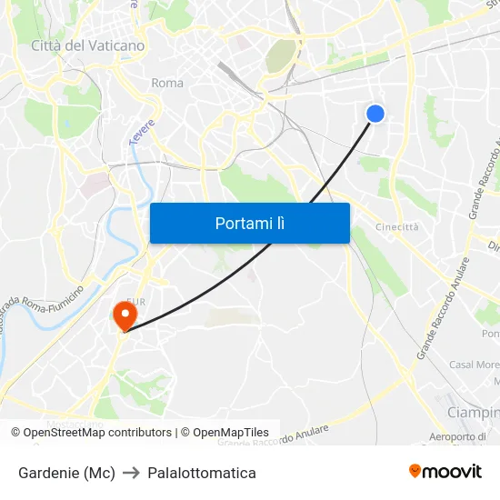 Gardenie (Mc) to Palalottomatica map