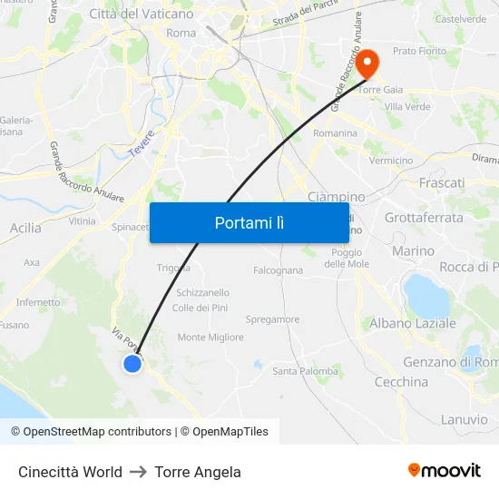 Cinecittà World to Torre Angela map