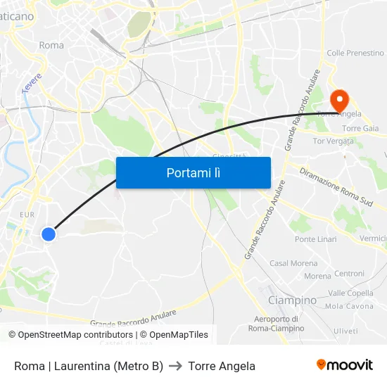 Roma | Laurentina (Metro B) to Torre Angela map