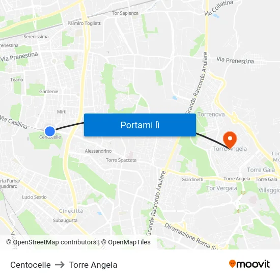 Centocelle to Torre Angela map