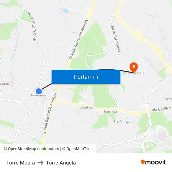 Torre Maura to Torre Angela map