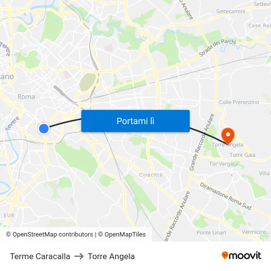 Terme Caracalla to Torre Angela map