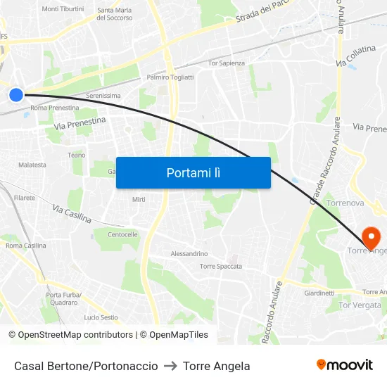 Casal Bertone/Portonaccio to Torre Angela map