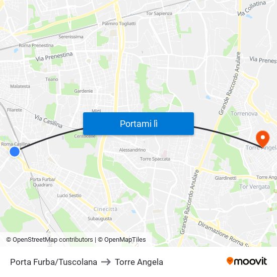 Porta Furba/Tuscolana to Torre Angela map