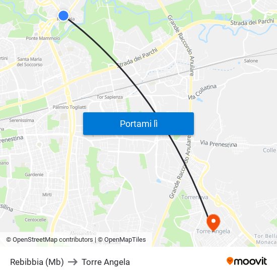 Rebibbia (Mb) to Torre Angela map