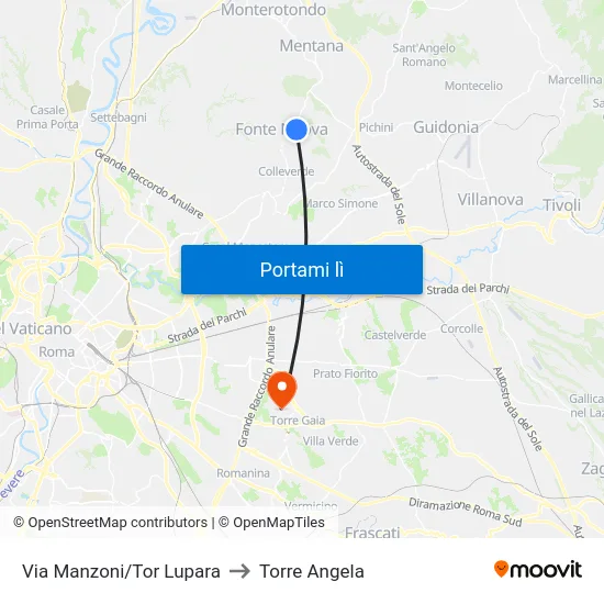 Via Manzoni/Tor Lupara to Torre Angela map