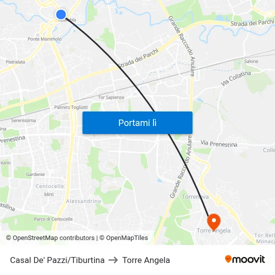 Casal De' Pazzi/Tiburtina to Torre Angela map