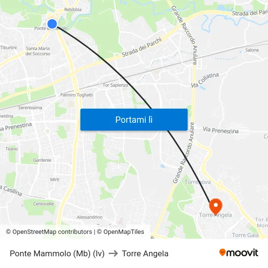 Ponte Mammolo (Mb) (Iv) to Torre Angela map