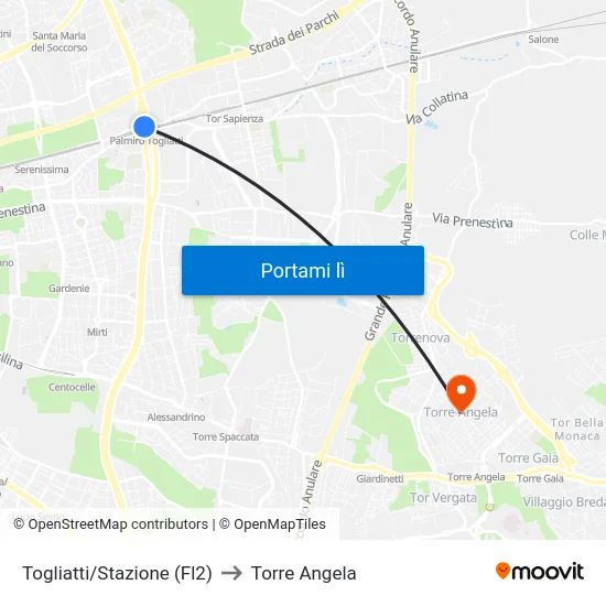 Togliatti/Stazione (Fl2) to Torre Angela map