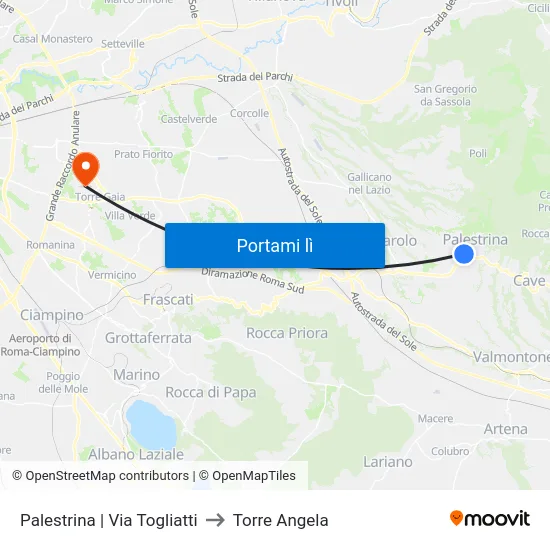 Palestrina | Via Togliatti to Torre Angela map