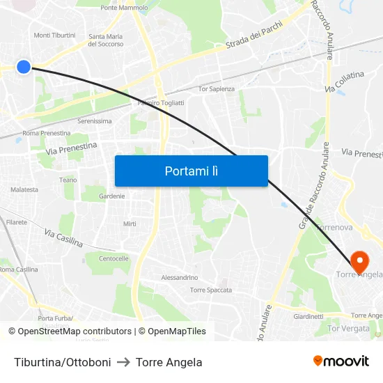 Tiburtina/Ottoboni to Torre Angela map