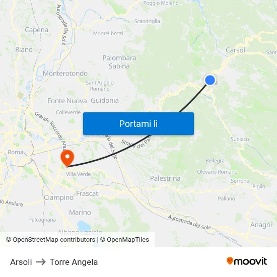Arsoli to Torre Angela map