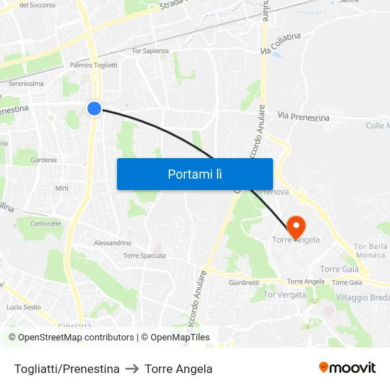 Togliatti/Prenestina to Torre Angela map