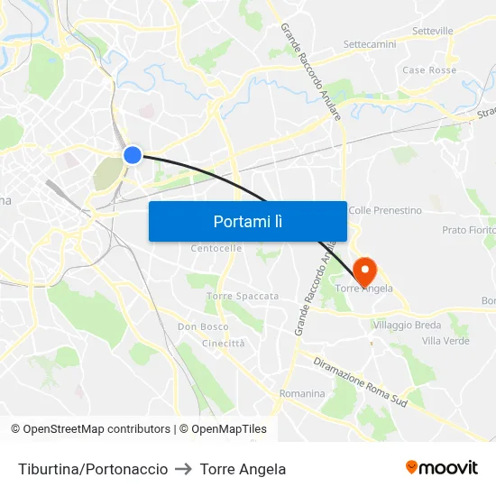 Tiburtina/Portonaccio to Torre Angela map