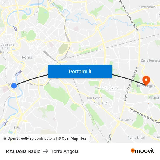 P.za Della Radio to Torre Angela map