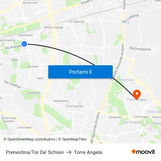Prenestina/Tor De' Schiavi to Torre Angela map