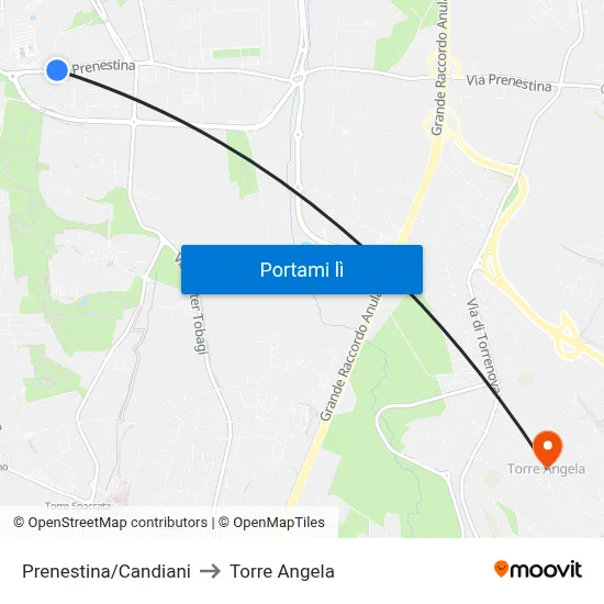 Prenestina/Candiani to Torre Angela map
