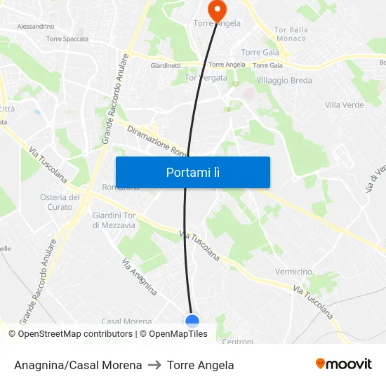 Anagnina/Casal Morena to Torre Angela map