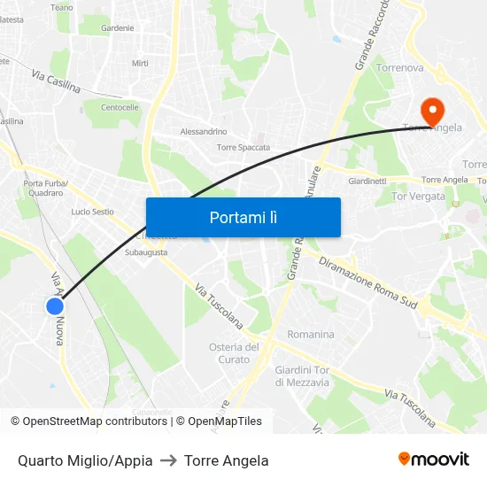 Quarto Miglio/Appia to Torre Angela map