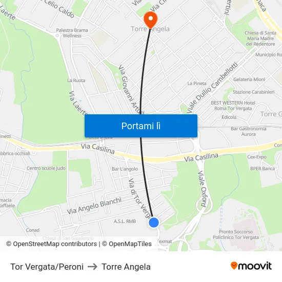 Tor Vergata/Peroni to Torre Angela map
