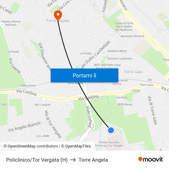 Policlinico/Tor Vergata (H) to Torre Angela map