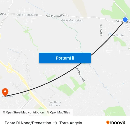 Ponte Di Nona/Prenestina to Torre Angela map